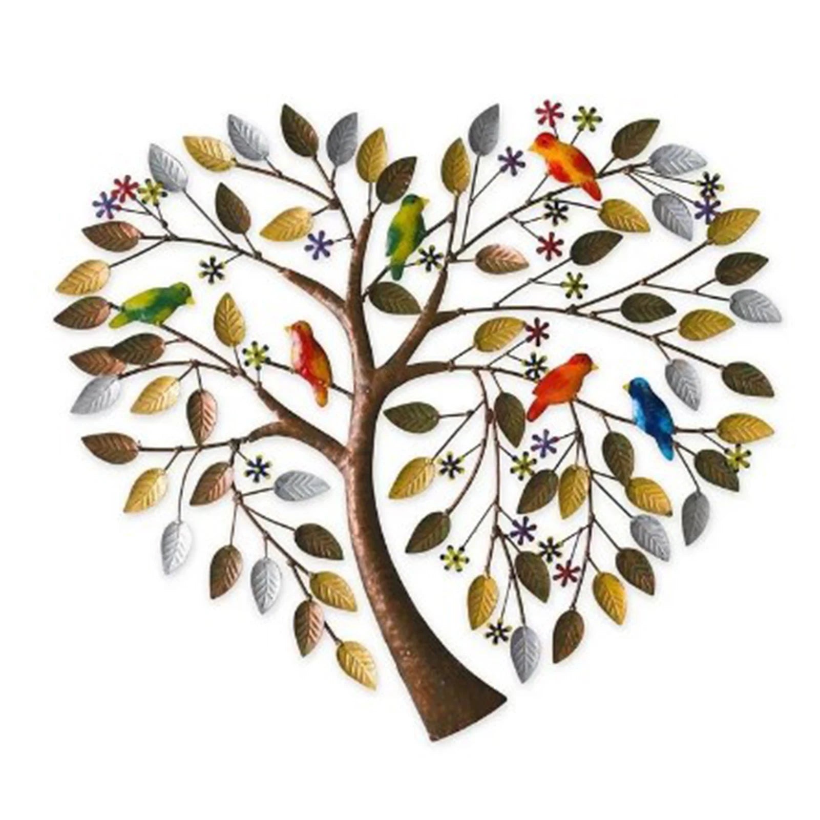 Heart Shape Family Tree Wall Decor - Metal Art Piece with multicolor birds and metallic leaves, ideal for home and garden wall decoration.