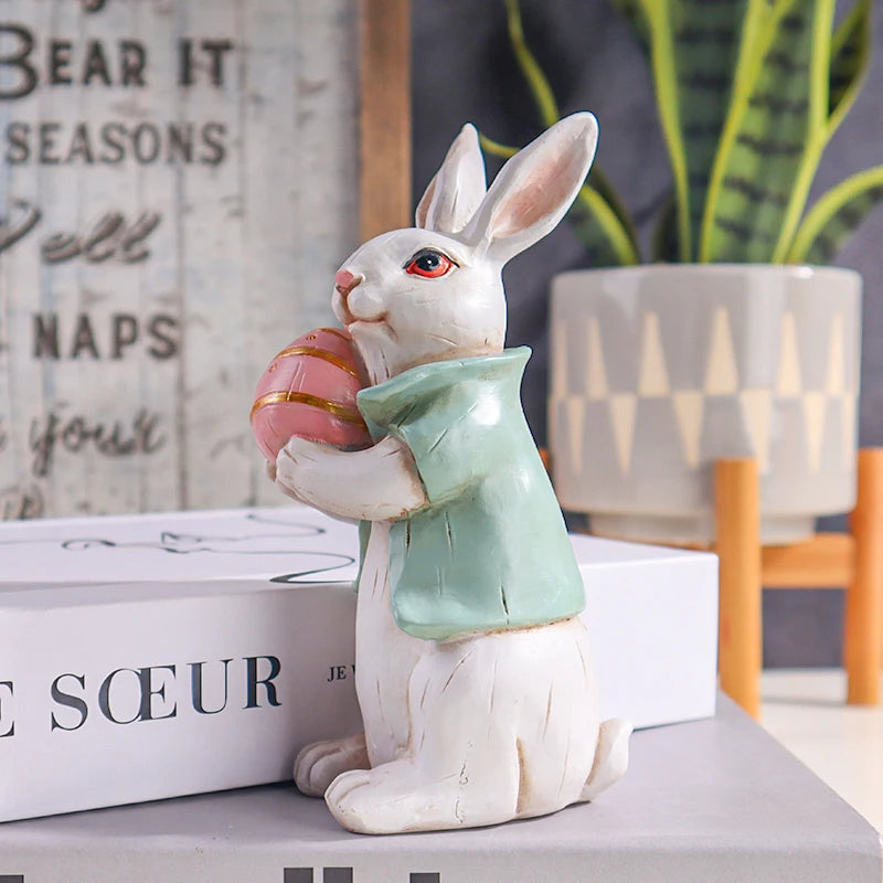 Easter Bunny Holding Egg Resin Sculpture Decorative Figurine