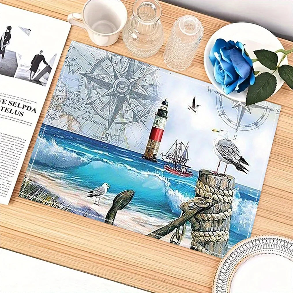 Linen Placemats Nautical - Stylish Dining Table mat with lighthouse and sea design, perfect for nautical-themed dining environments.