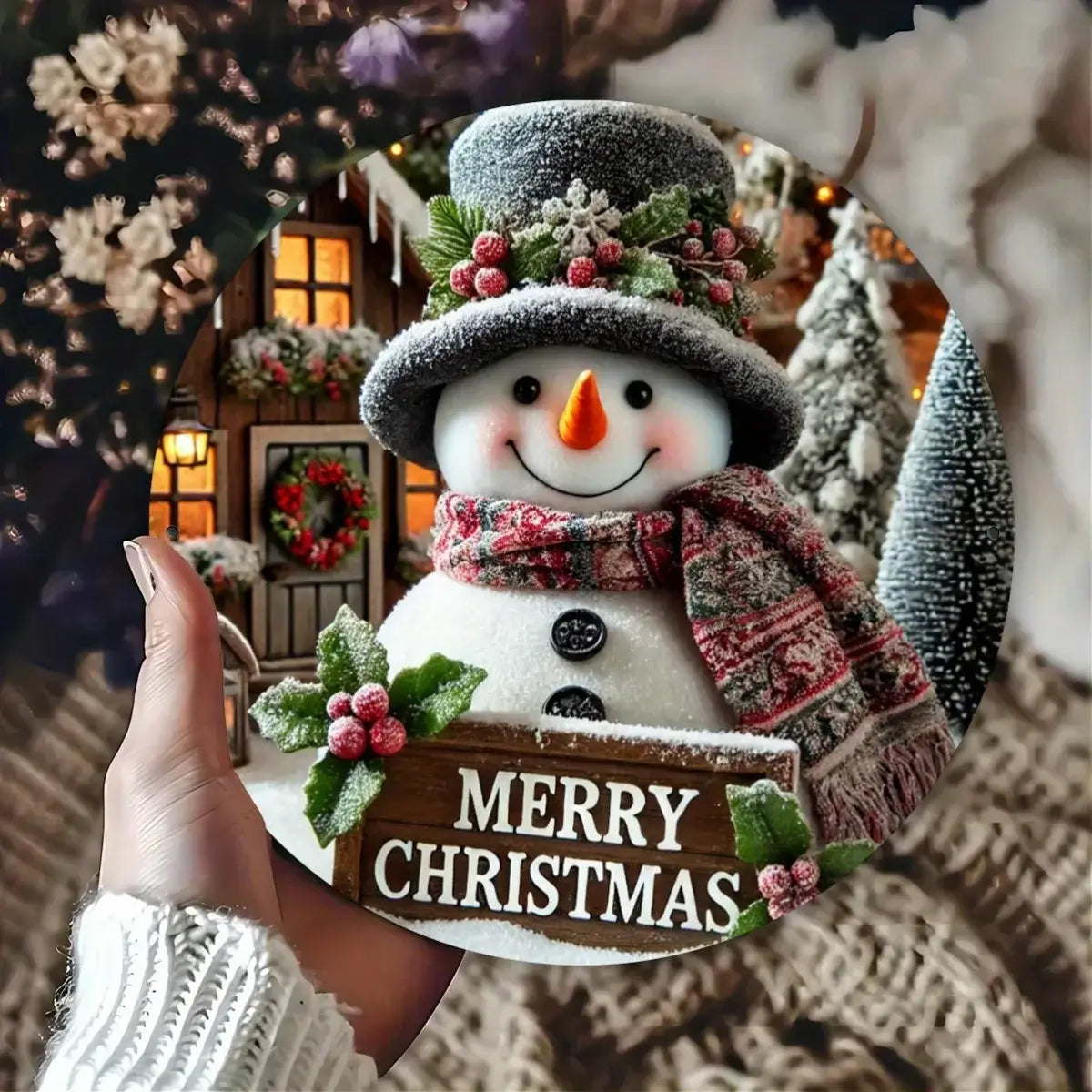 Festive 7.8" Round Metal Sign Snowman