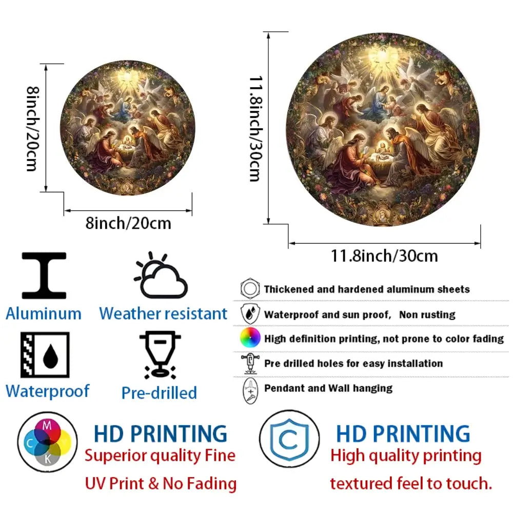 Size chart and features of round aluminum Nativity sign, highlighting waterproof, UV-resistant, and pre-drilled design.