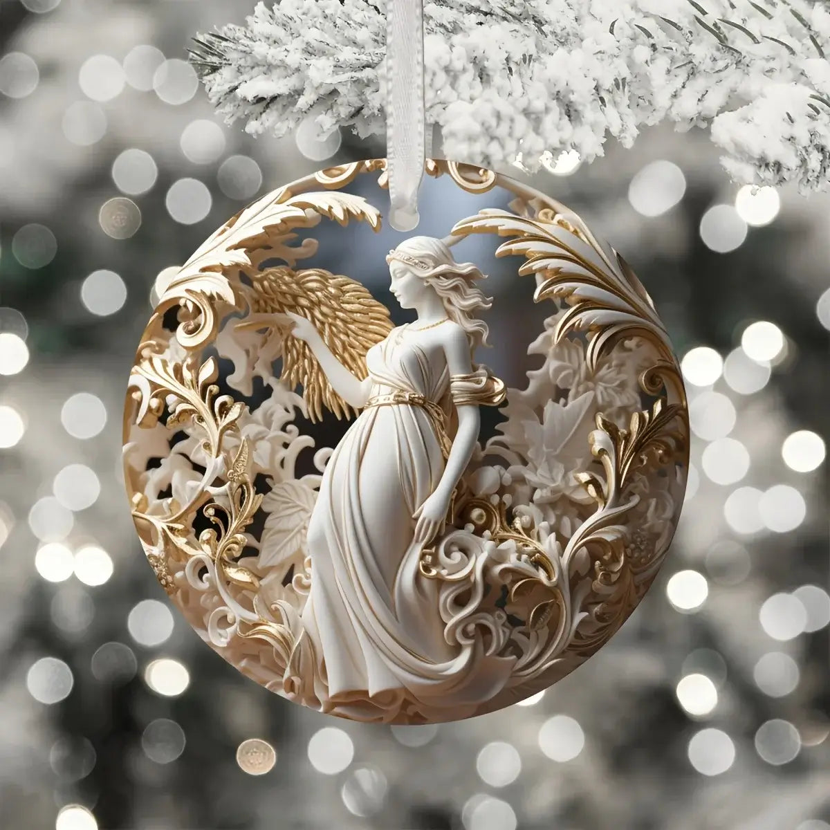 Acrylic Angel Hanging Decoration with gold accents on snowy tree branch, ideal for holiday window displays and soft lighting ambiance.