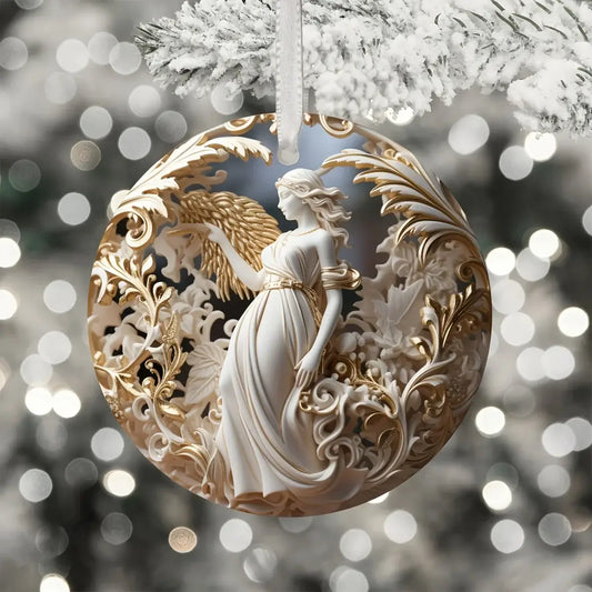Acrylic Angel Hanging Decoration with gold accents on snowy tree branch, ideal for holiday window displays and soft lighting ambiance.