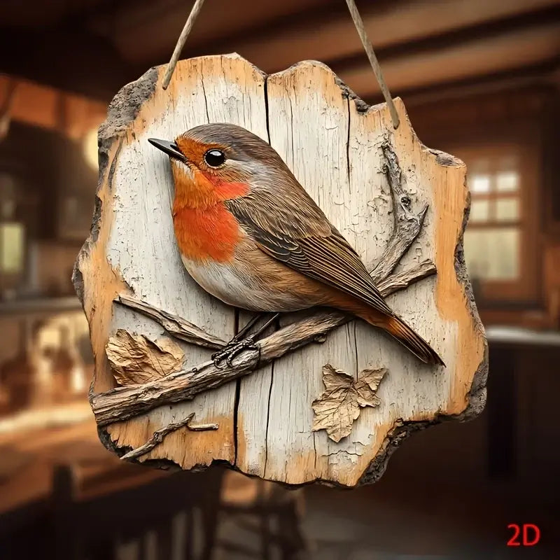 Vintage Wooden Bird Signage - Decor 8in featuring a robin on a branch with carved leaves. Enhances warm, rustic interior design themes.
