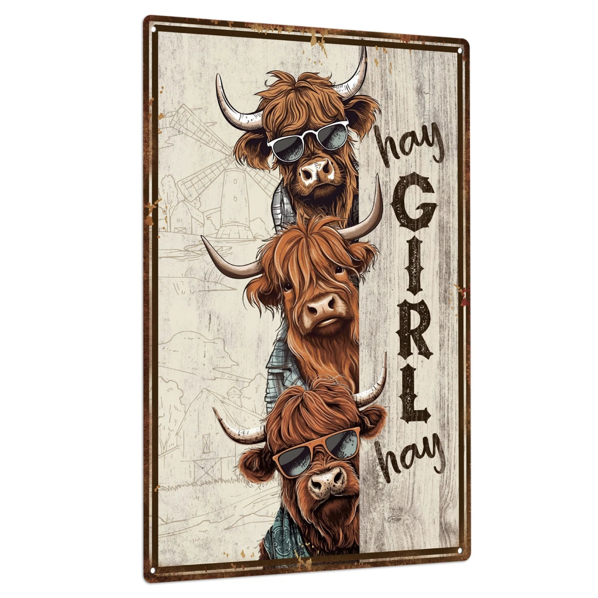 Yak Metal Tin Sign - Hey Girl Hey features three cartoon yaks in sunglasses with rustic background. Fun novelty décor for home or garden walls.