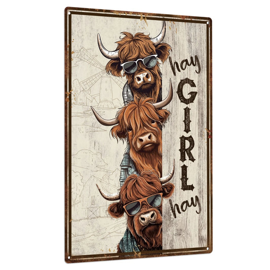 Yak Metal Tin Sign - Hey Girl Hey features three cartoon yaks in sunglasses with rustic background. Fun novelty décor for home or garden walls.