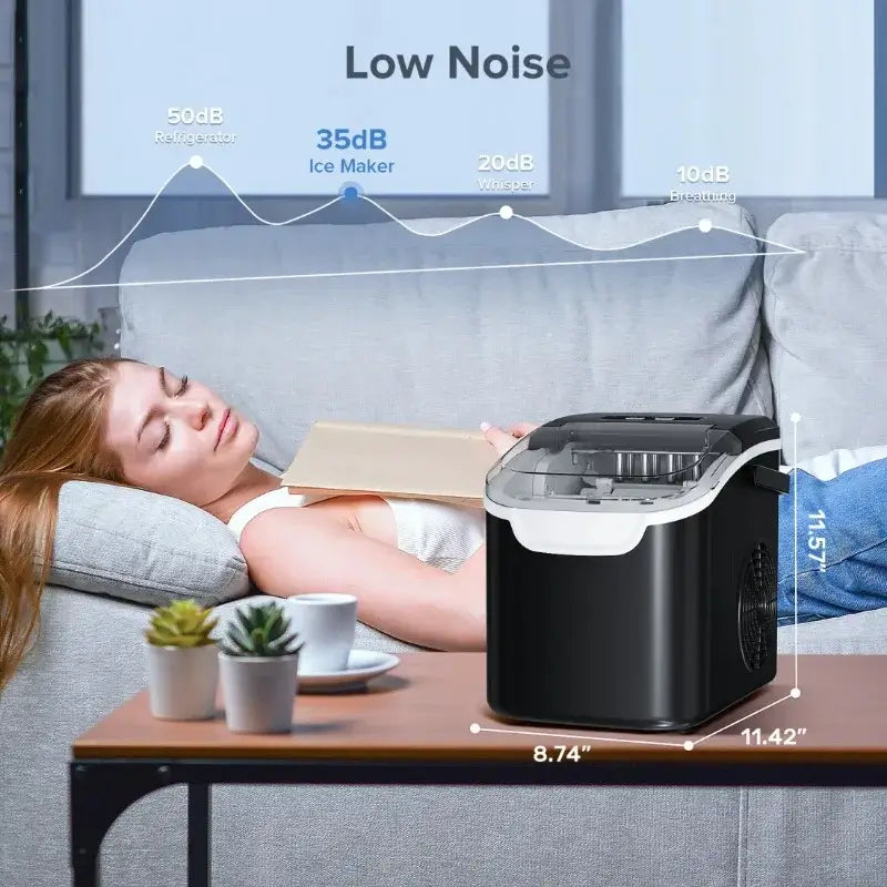 Low-noise portable ice maker operating at 35dB, compact enough for quiet use in living rooms or small kitchens without disturbance.