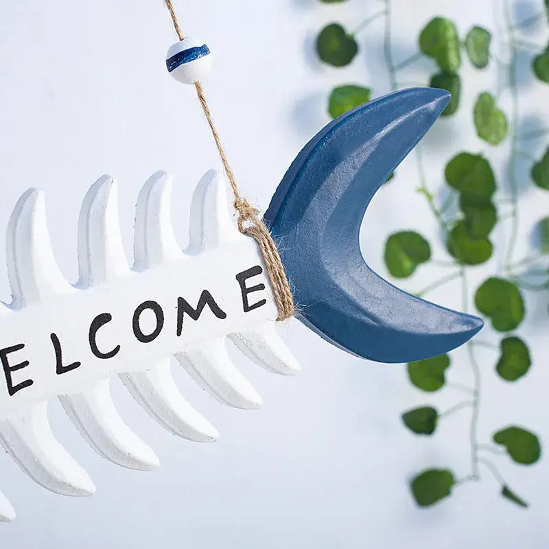 Tail section of the Mediterranean Welcome Sign with blue finish and hanging rope, ideal for seaside-inspired home decoration.