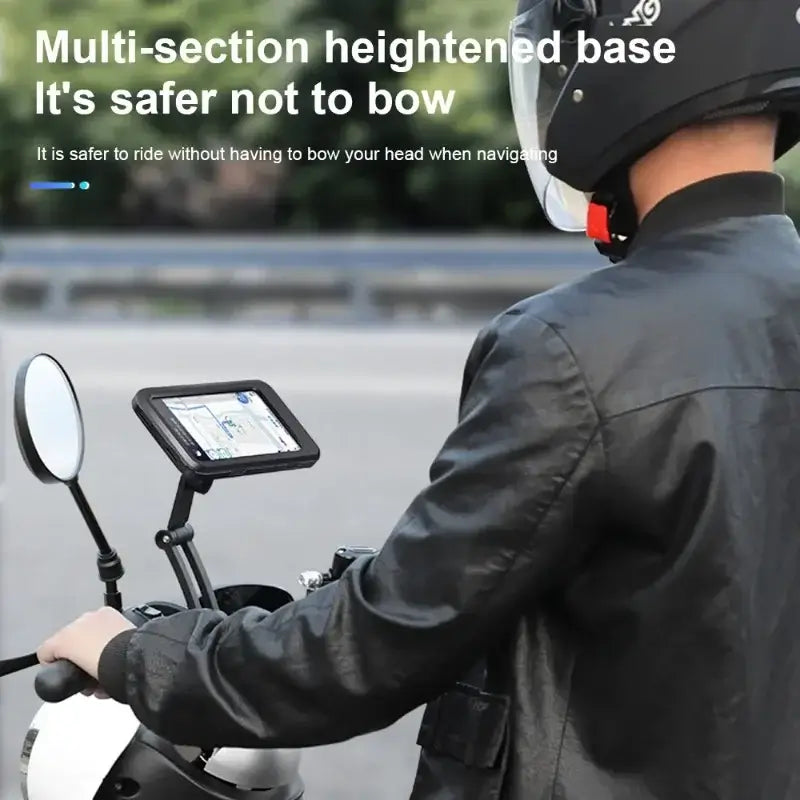 Heightened base waterproof bicycle phone holder for safer navigation without head tilting, mounted on a motorcycle handlebar.