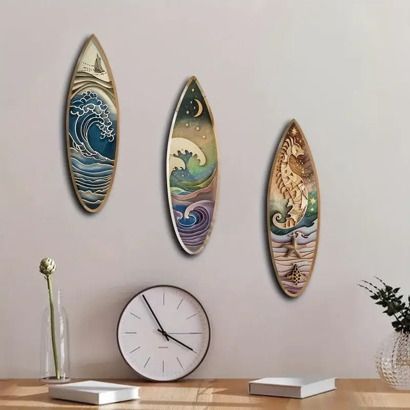 3PCS Wooden Surfboard Wall Decor with nautical wave, moonlit sea, and seahorse designs on a minimalist wall. Great for modern coastal decor.