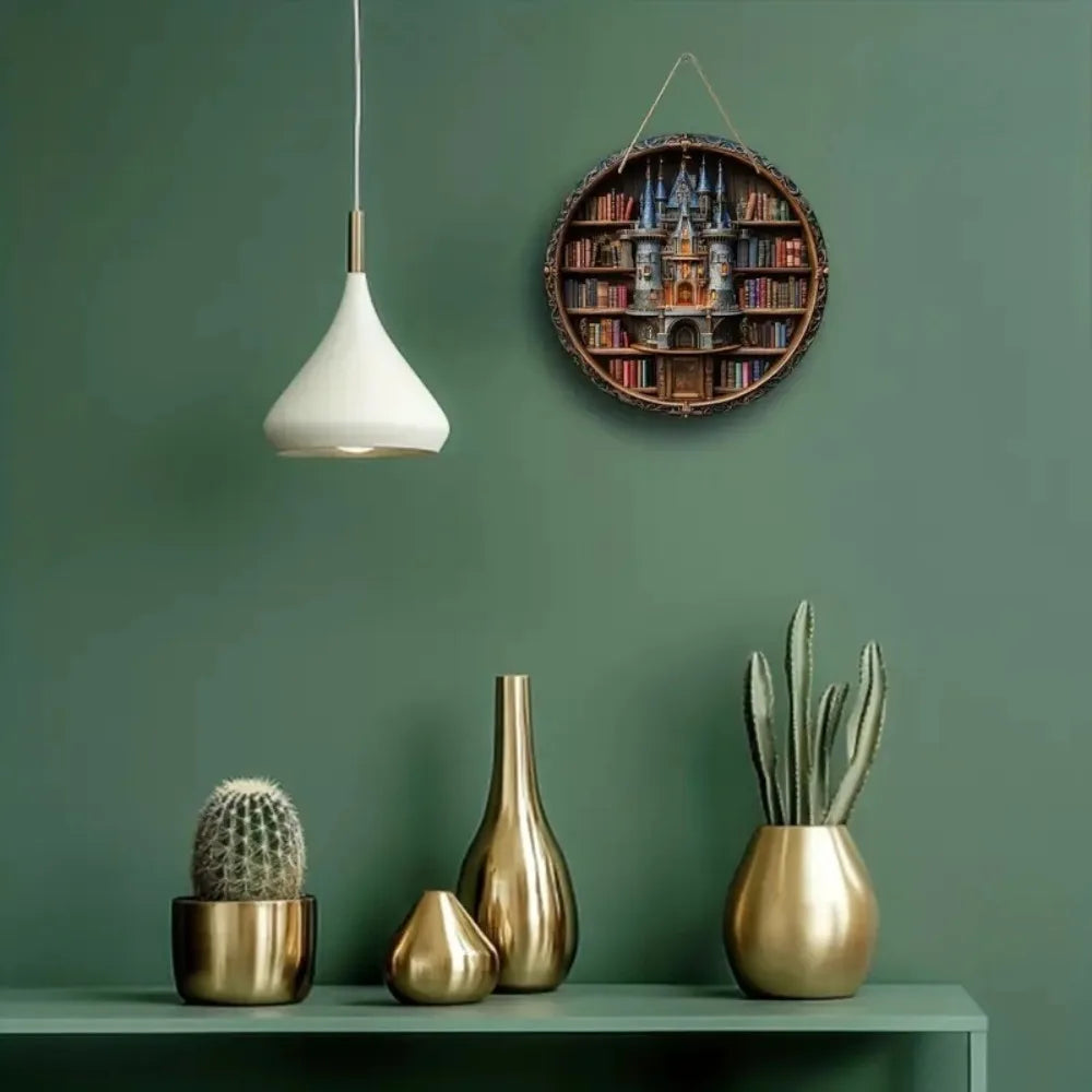Circular castle bookshelf wooden sign hanging on a green wall, enhancing modern home decor with a festive Christmas touch.