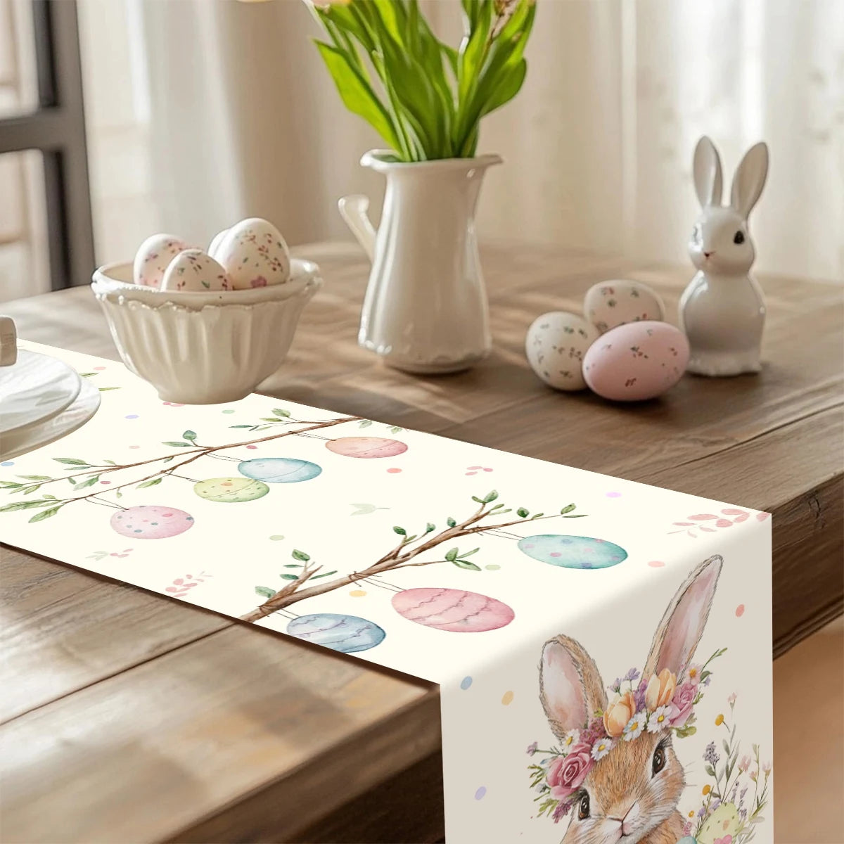 1Pc Easter Bunny and Floral Egg Table Runner