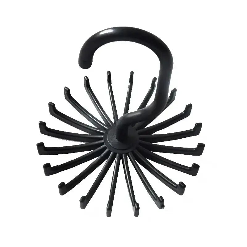 Black 360 Rotatable Tie Rack with 20 evenly spaced hooks and a swivel hook for hanging ties or accessories in closets.