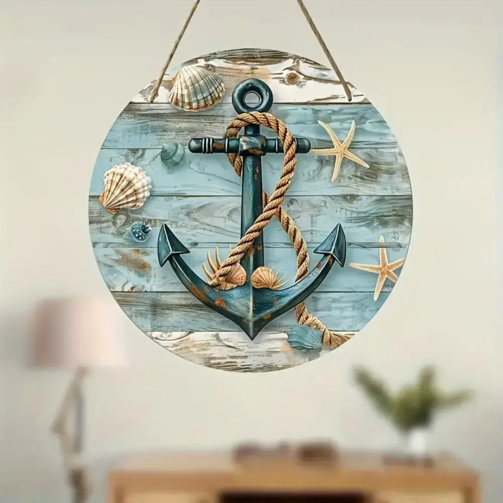Aluminum beach decor sign with nautical anchor and seashells, set against a weathered wood background. Durable and stylish wall accent.