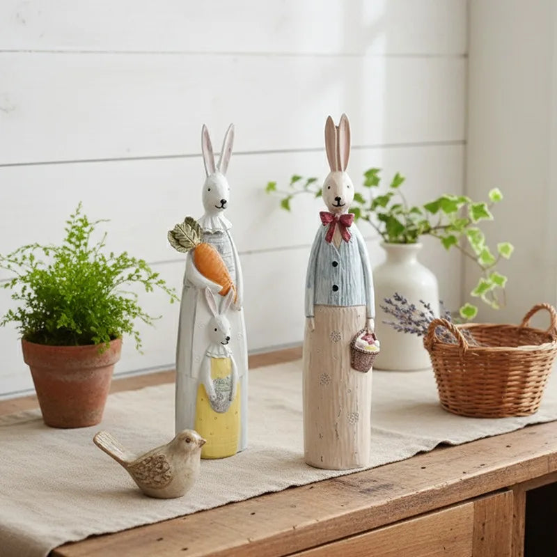 Wood Grain Resin Bunny Couple Statue - Handmade