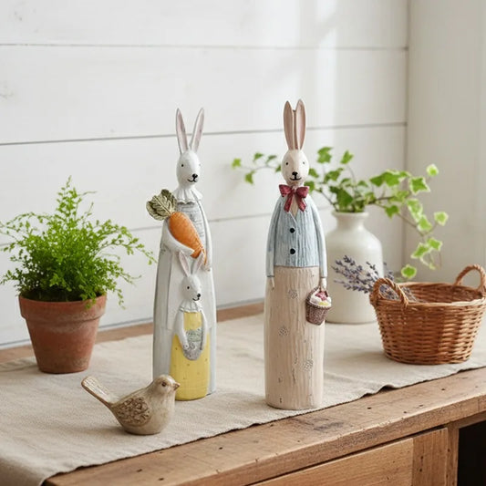 Wood Grain Resin Bunny Couple Statue - Handmade