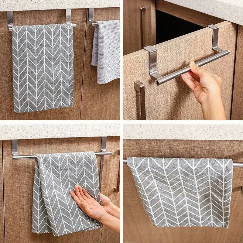 Stainless Steel Towel Bar - Durable & Rust-Resistant, shown in multiple usage scenarios on cabinet doors for versatile towel hanging.