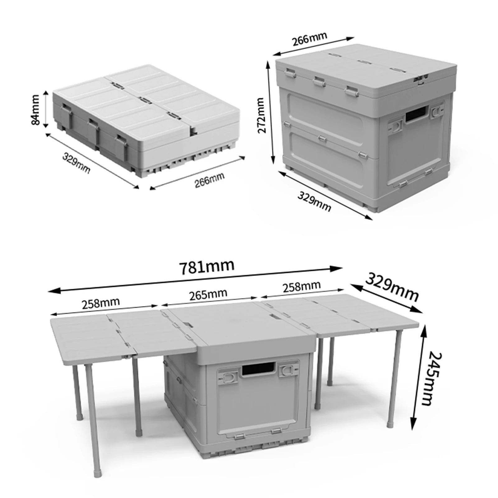 Detailed dimensions of the portable picnic table with storage and cooler. Folding design with extended tabletop and sturdy legs.