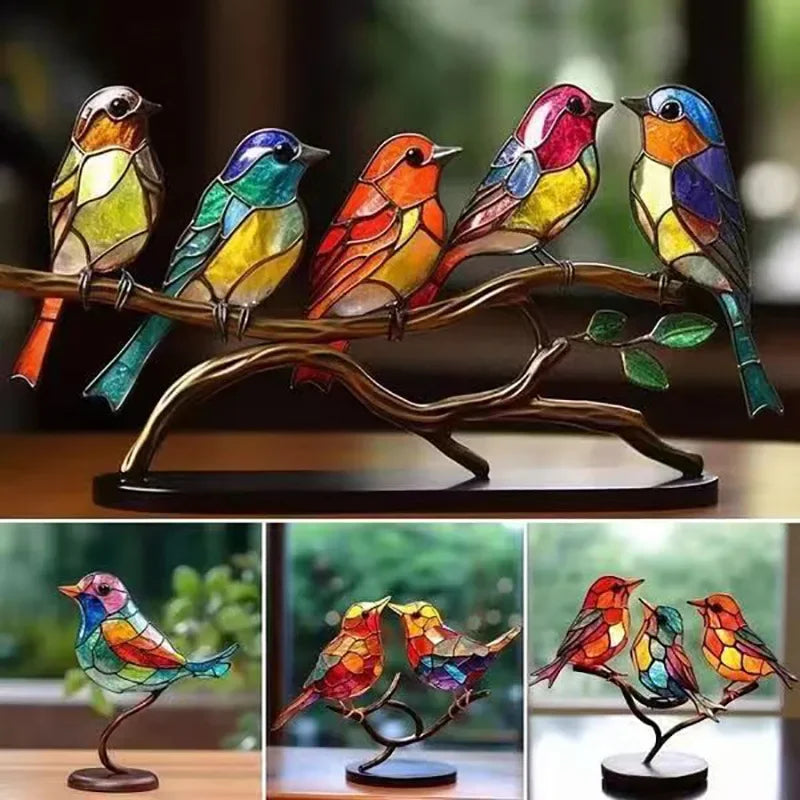 Multicolor Birds-Stained Acrylic Birds on Branch Desktop Ornaments Double Sided Multicolor -