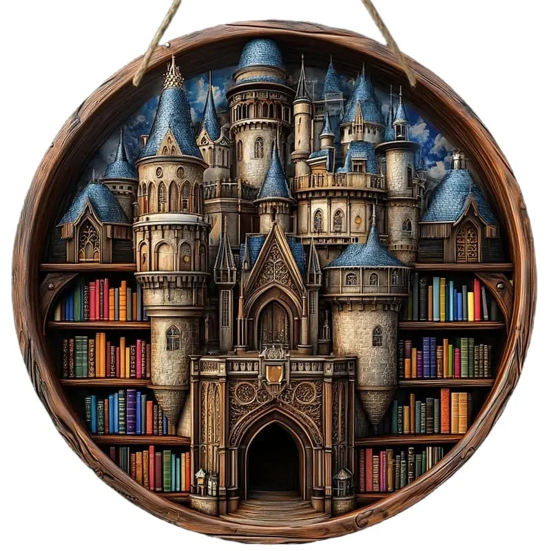 Large fantasy castle bookshelf design on a round wooden sign, ideal for festive wall decor during the holiday season.