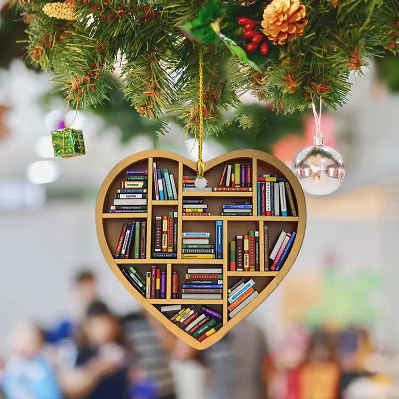 Heart-shaped bookshelf ornament filled with colorful books, a charming Christmas tree decoration for book enthusiasts.