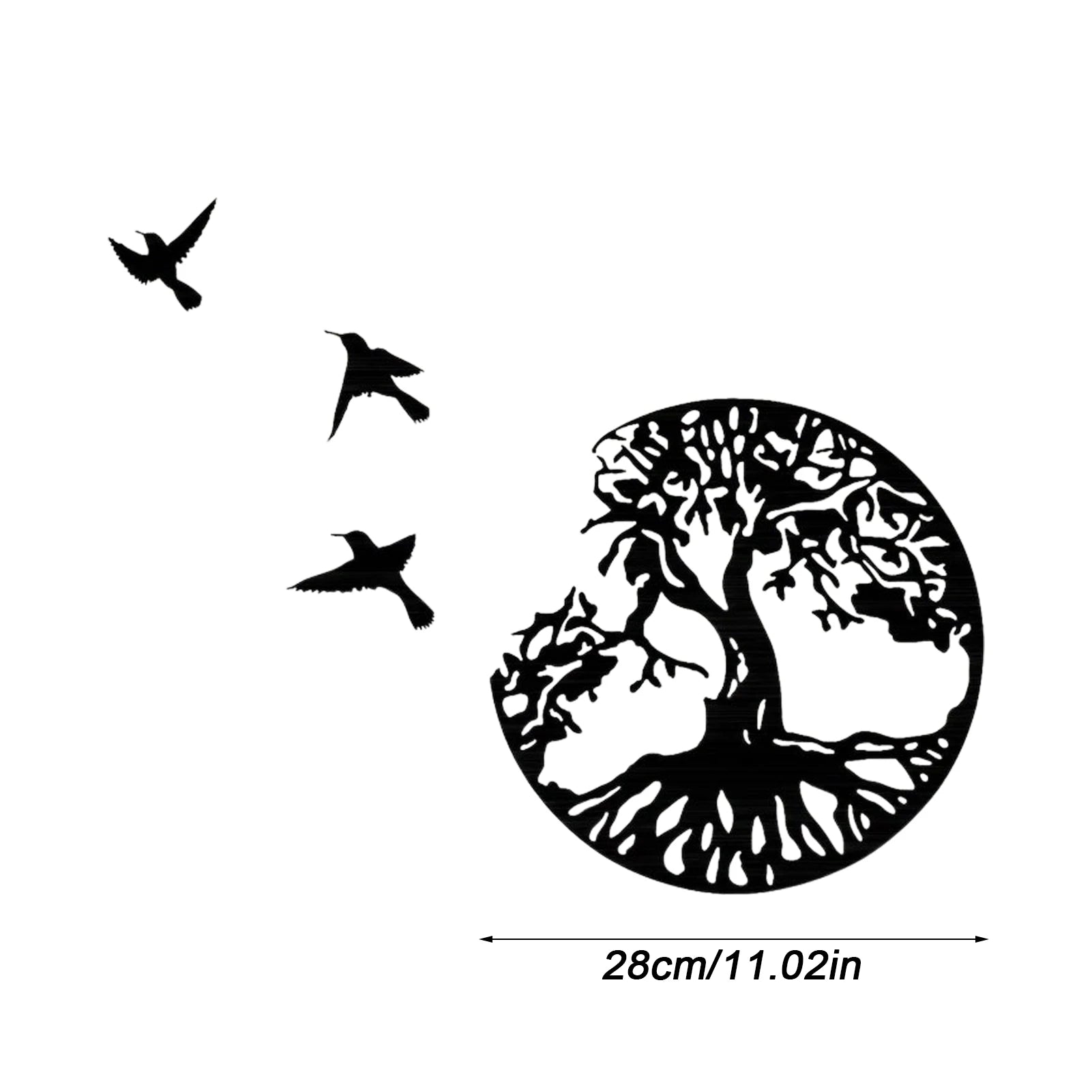 Tree of Life Metal Wall Art with flying birds, 28cm wide, black cutout design perfect for rustic or modern wall decor themes.