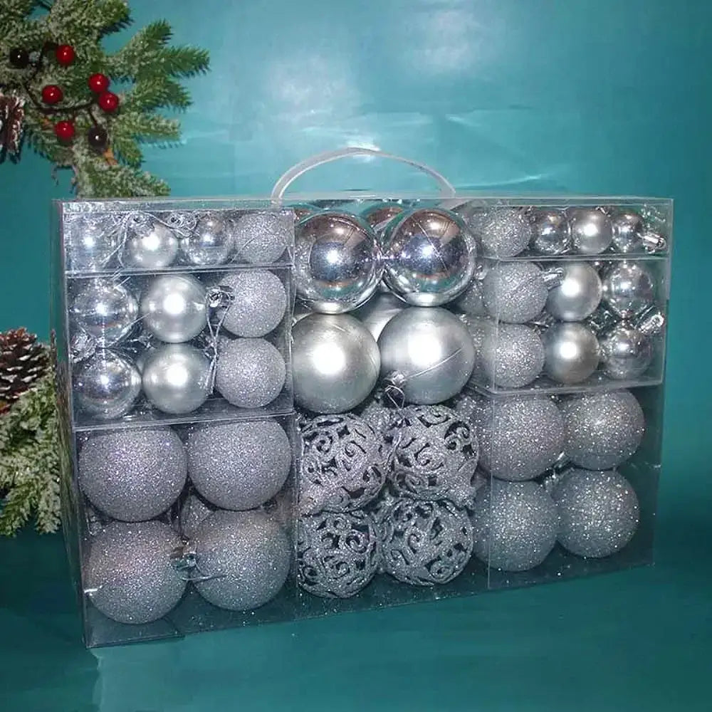 Silver 100PCS Plastic Christmas Ball Set with glitter and shiny finishes, perfect for frosty winter-themed holiday trees.