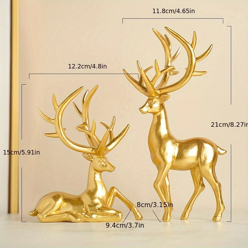 Gold Elk Ornaments Set with size details. Resin elk figurines in standing and reclining positions for elegant Christmas décor.