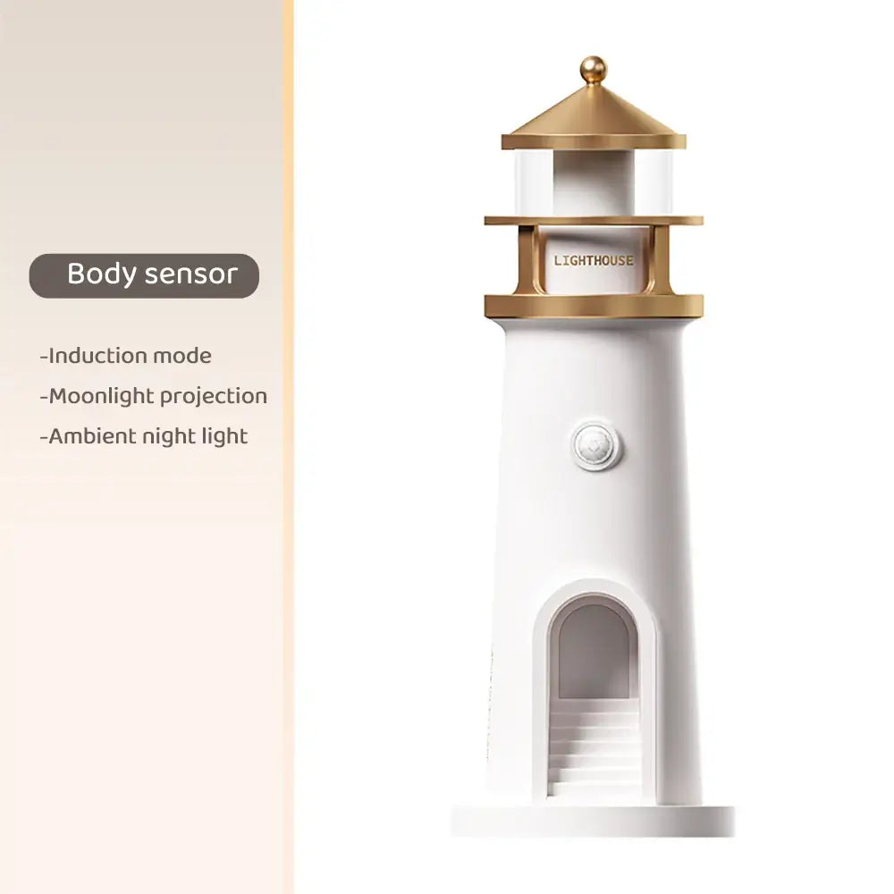 Lighthouse Ambient Light with body sensor, moonlight projection, and induction mode for automatic night lighting in home settings.
