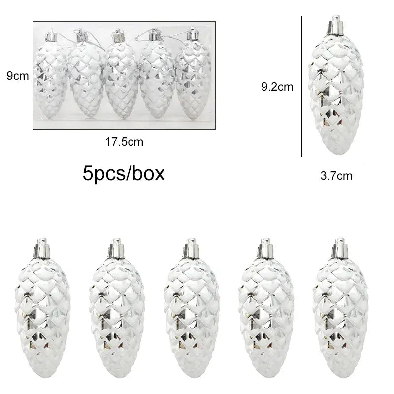 Silver 5Pcs Christmas Pinecone Hanging Pendants set with glittery finish, shown with packaging and size guide.