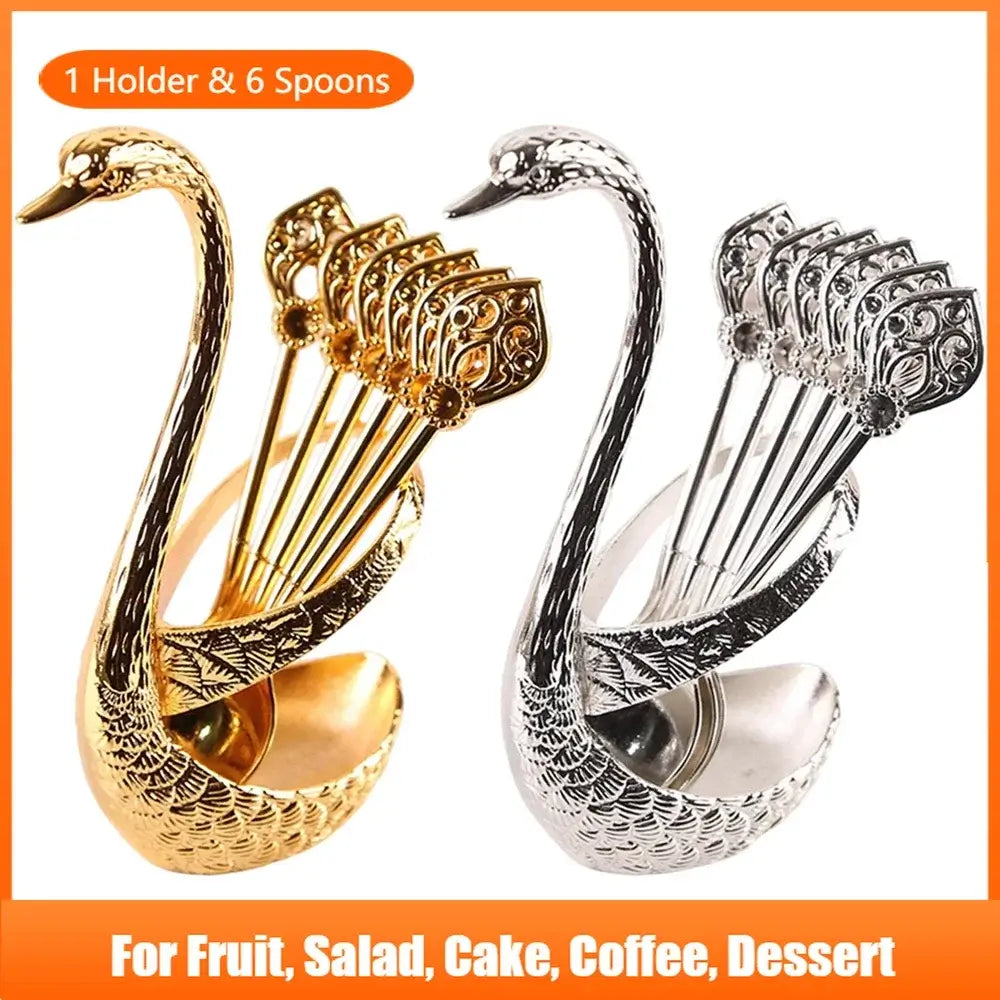 Swan Spoon Holder Set in gold and silver with 6 ornate spoons, ideal for elegant tableware and stylish kitchen decor.