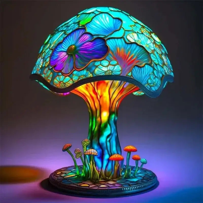 Mushroom-shaped stained glass table lamp with vibrant colors and floral accents. Part of the Stained Plant Series for cozy interiors.