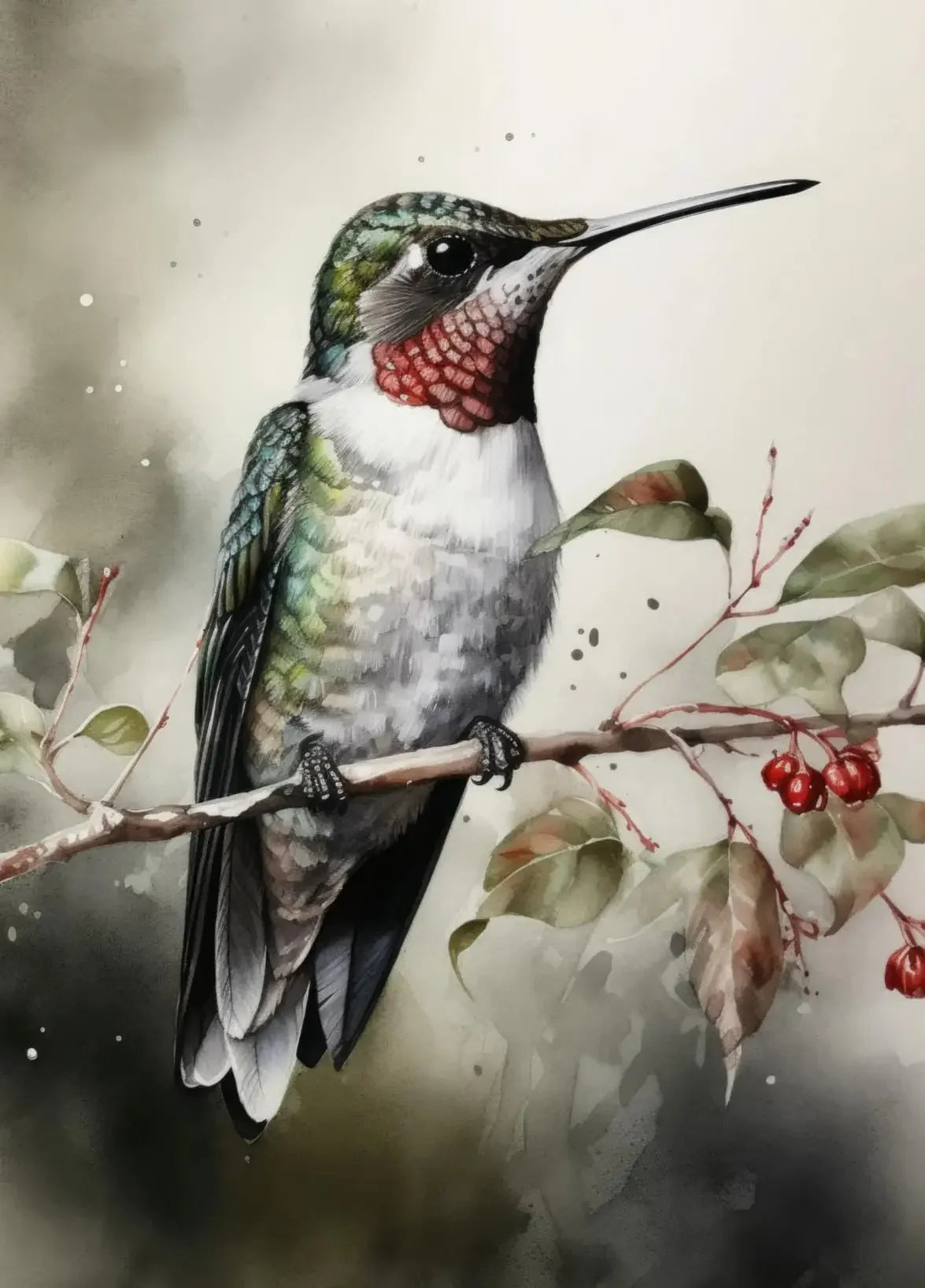 Forest Wildlife Art Poster - Watercolor Canvas Printing of a hummingbird perched on a berry branch. A delicate and colorful wildlife print.