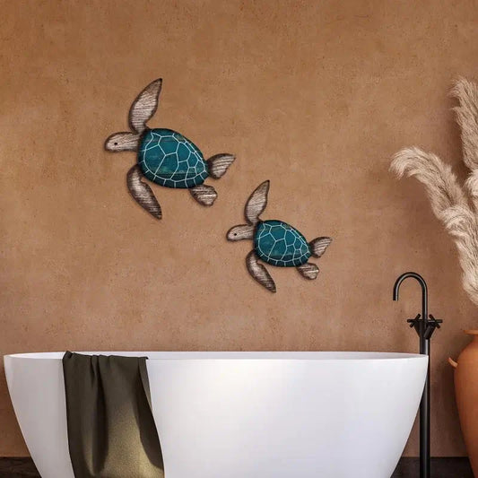 Wooden Turtle Wall Hanging Set - Coastal Decor | Handcrafted displayed above a white bathtub on a tan wall, ideal for beach-themed bathrooms.