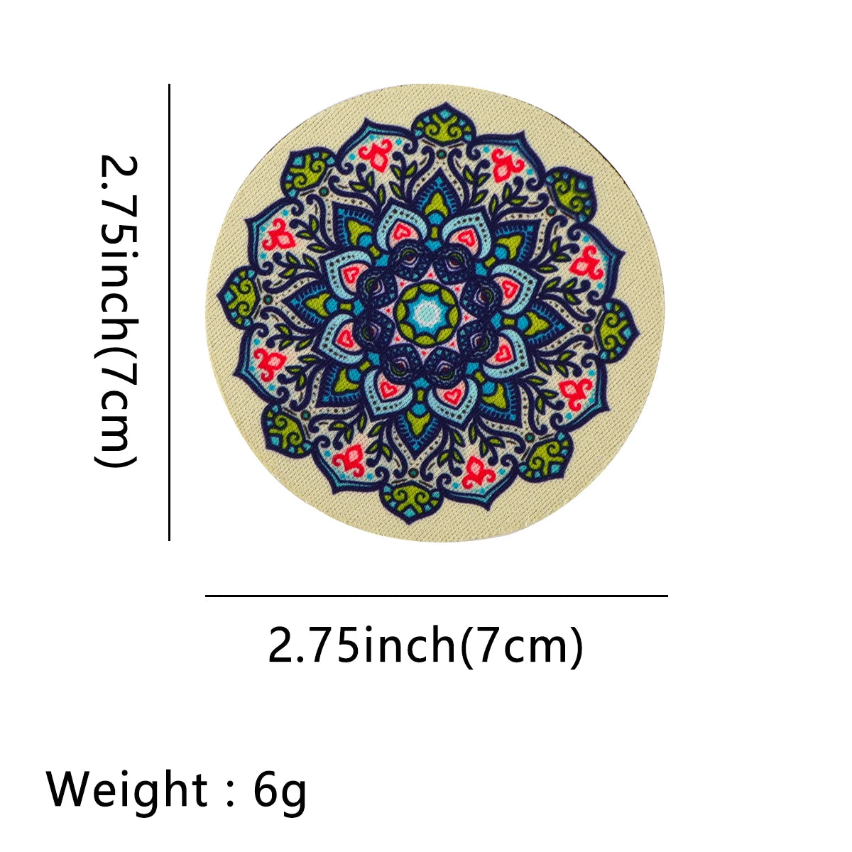Detailed size view of a Vintage Mandala Car Cup Mat with 2.75-inch diameter and 6g weight, perfect for standard vehicle cup holders.
