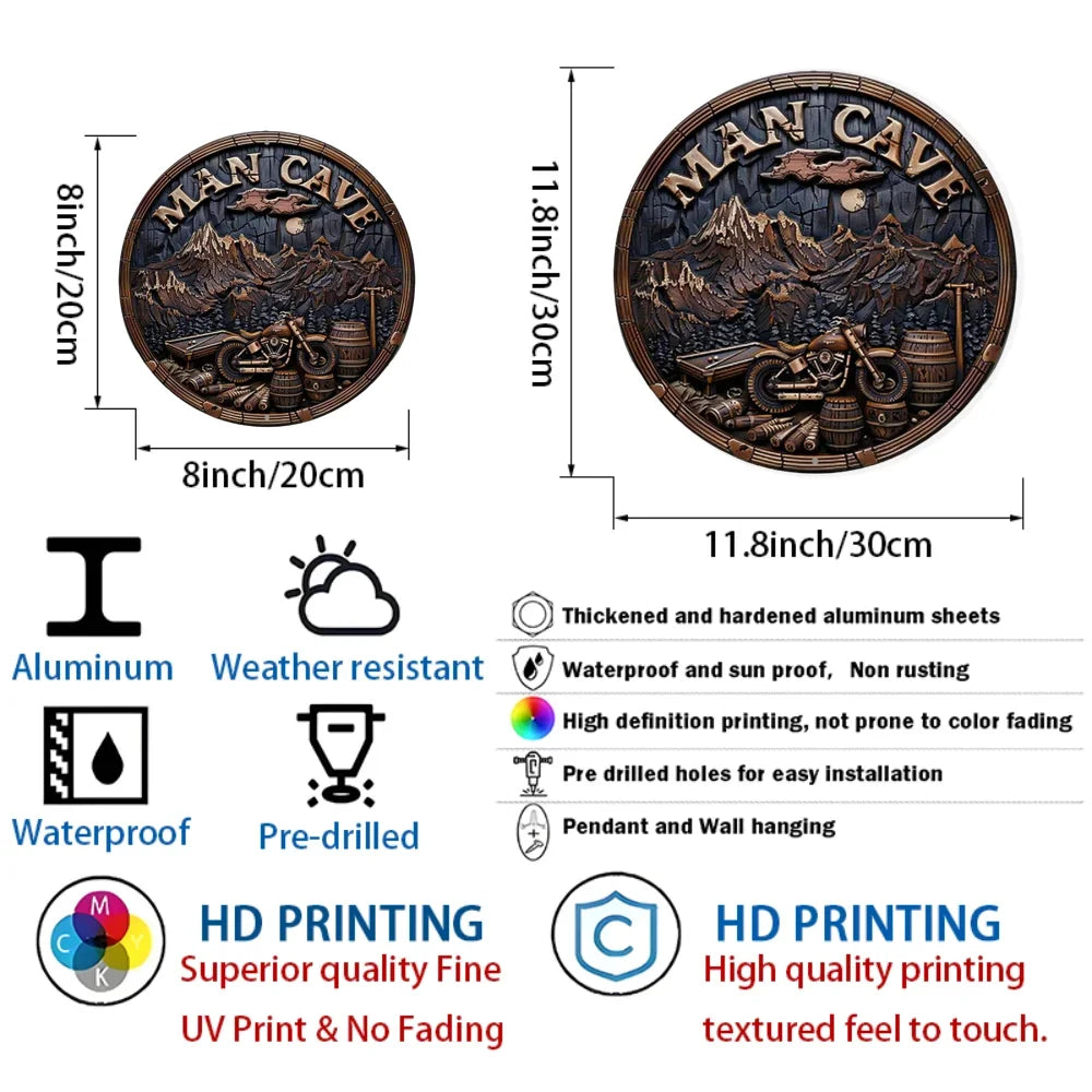Size chart and features of Vintage Metal Man Cave Sign, highlighting rustproof aluminum, HD printing, and waterproof design.