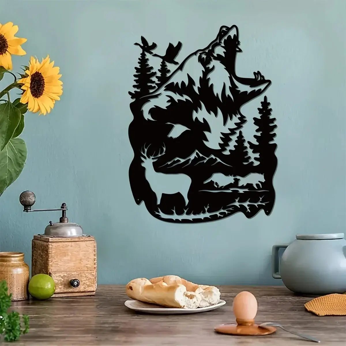 Bear Deer Metal Art Sign on a teal kitchen wall beside sunflowers and rustic decor, enhancing cozy home interiors.