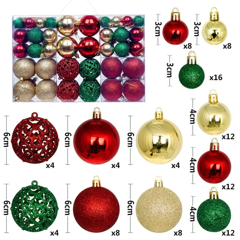 Red, green, and gold 100PCS Plastic Christmas Ball Set with size chart, includes glitter, matte, and shiny finishes for Xmas trees.