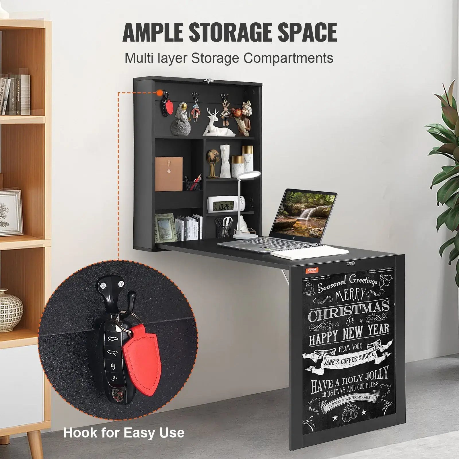 Wall-mounted Folding Table with ample storage compartments and chalkboard front. Includes hook for keys, perfect for small rooms or offices.
