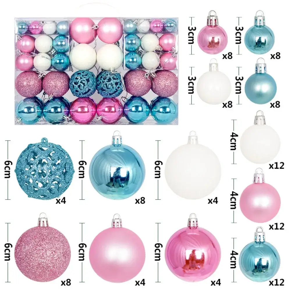 Pink, blue, and white 100PCS Plastic Christmas Ball Set with size chart, ideal for pastel-themed holiday tree decoration.