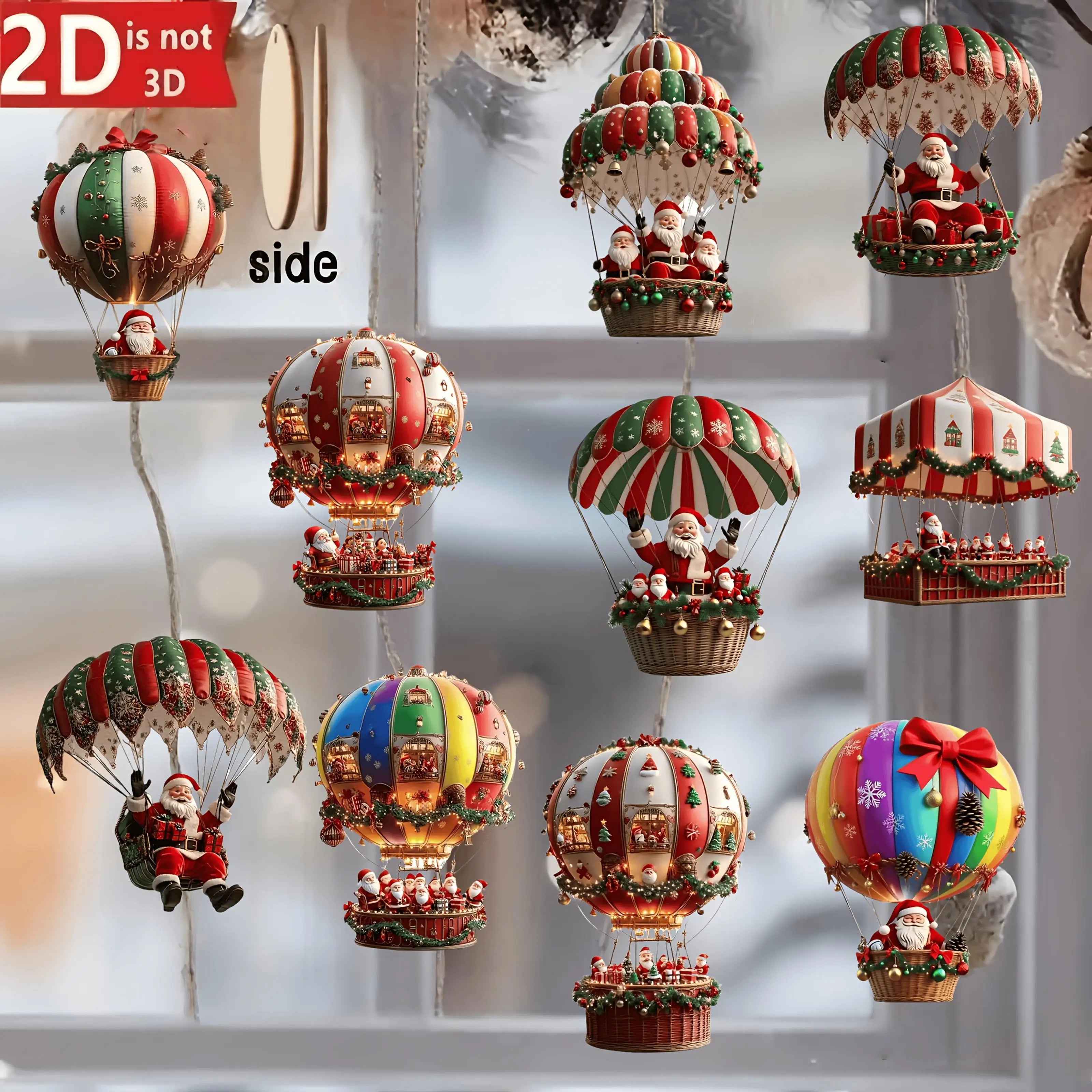 Santa Claus Parachute Wooden Ornaments — Set of 10 Handmade Holiday Hanging Decor