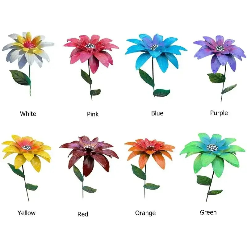 Eight color options of Metal Flowers Garden Stakes labeled by name, perfect for customizing outdoor garden sculptures and décor.