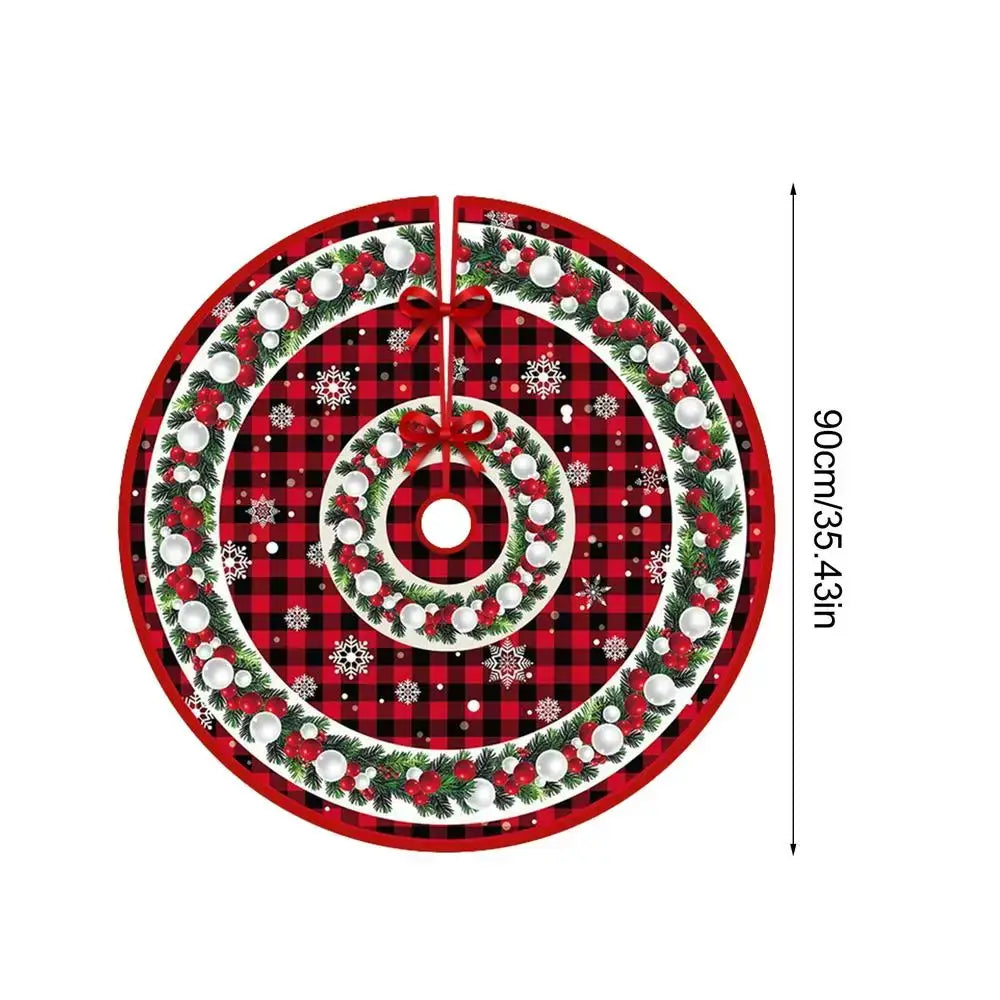 Red plaid polyester Christmas tree skirt with pine garlands and white ornaments. 90cm durable skirt ideal for festive seasonal setup.