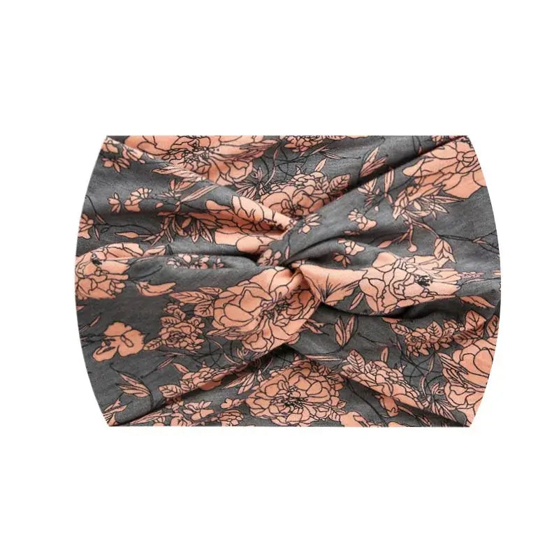 Gray floral 18CM stretch printed headband with peach blossoms. Soft and stretchy for sports or fashion use.