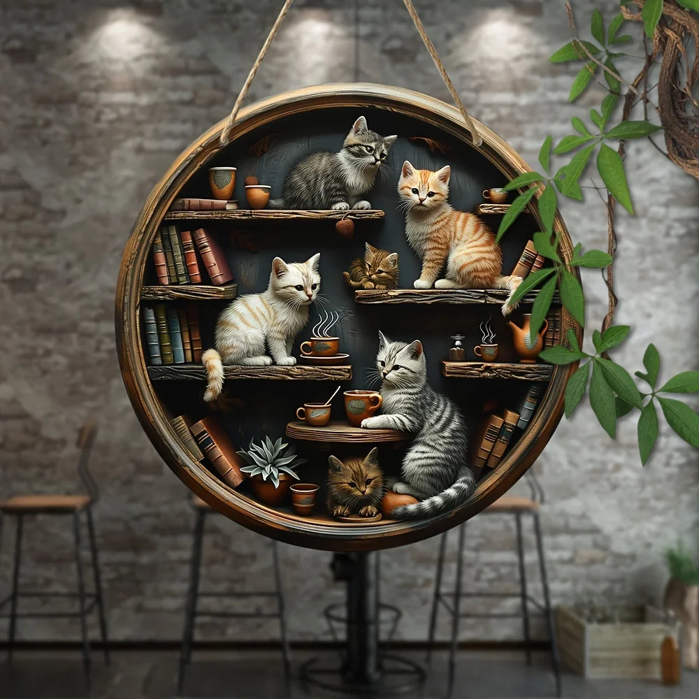 Whimsical cat in library wall art