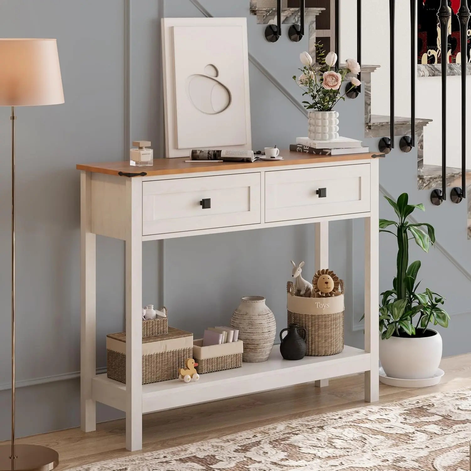 Console Table with 2 Drawer for Entryway placed in hallway with decorative accents. Stylish and practical furniture for narrow spaces.
