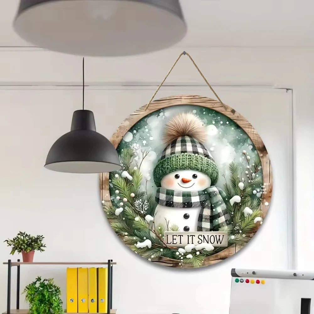 Charming Snowman Circular Wooden Sign displayed in a modern office, ideal for seasonal wall decoration in home or workspace, 20x20cm size.
