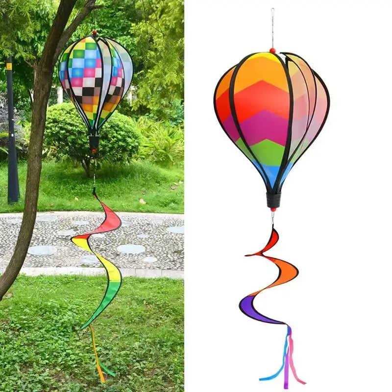 Colorful Hot Air Balloon Wind Spinner displayed in a garden setting and close-up, perfect for enhancing outdoor spaces with unique and dynamic decor.