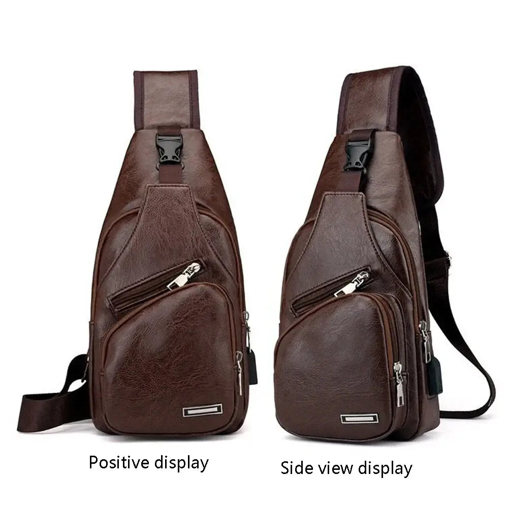 Travel Crossbody Bag - Multifunctional | Spacious and Versatile shown in front and side views, highlighting sleek design and functional pockets.