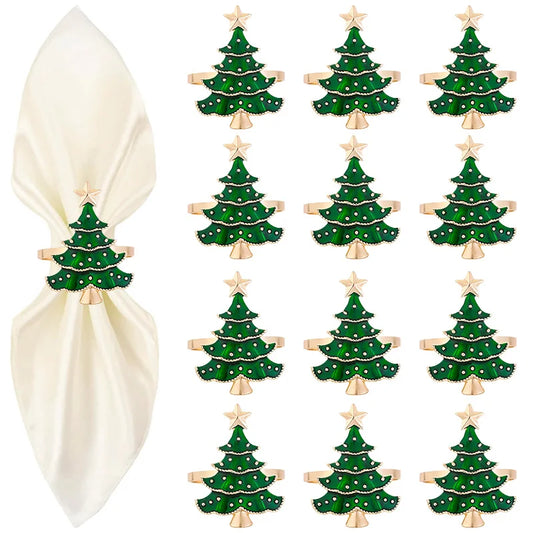 Set of 12 Christmas tree napkin rings in green and gold, perfect for holiday table settings. Festive design enhances seasonal dining decor.